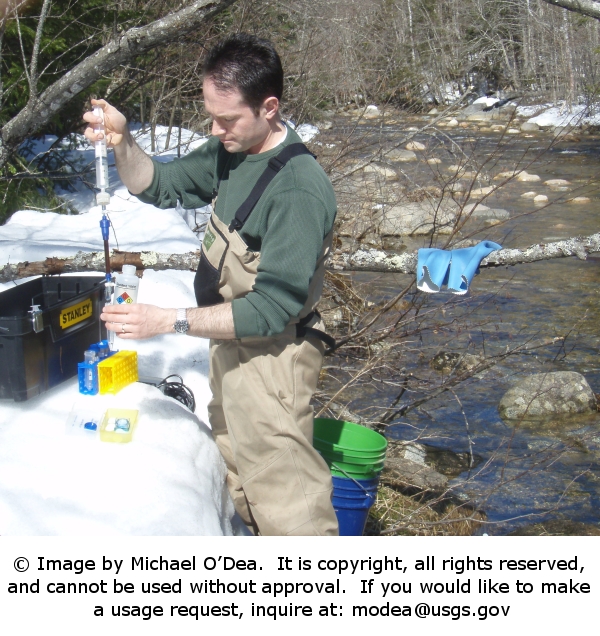 Collecting water samples to measure inorganic aluminum levels in the Swift River, NH.